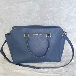 Michael Kors Selma Saffiano Leather Satchel Navy Blue Bag